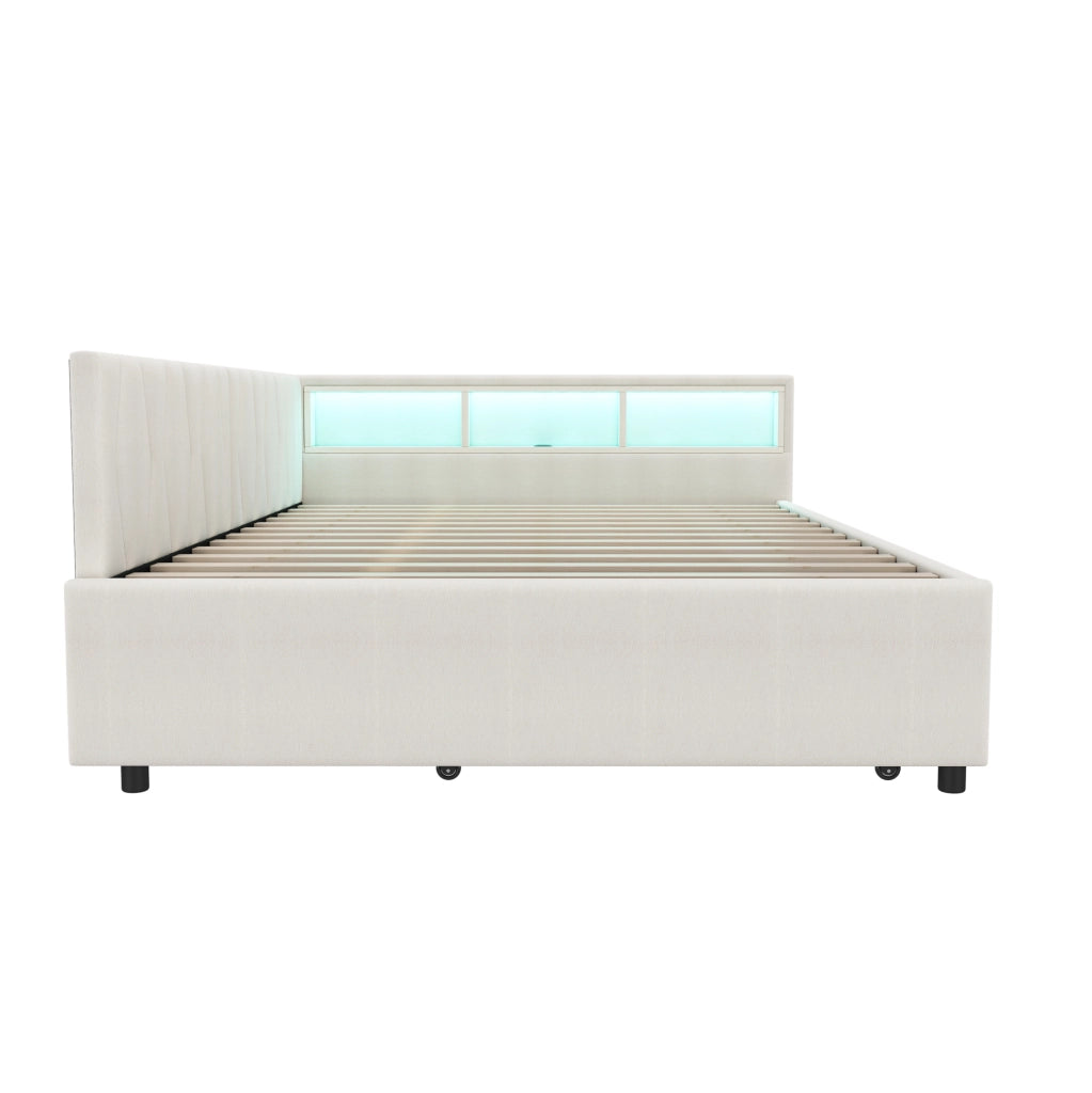 Letto 140x200 cm con LED; USB e vani portaoggetti in lino beige