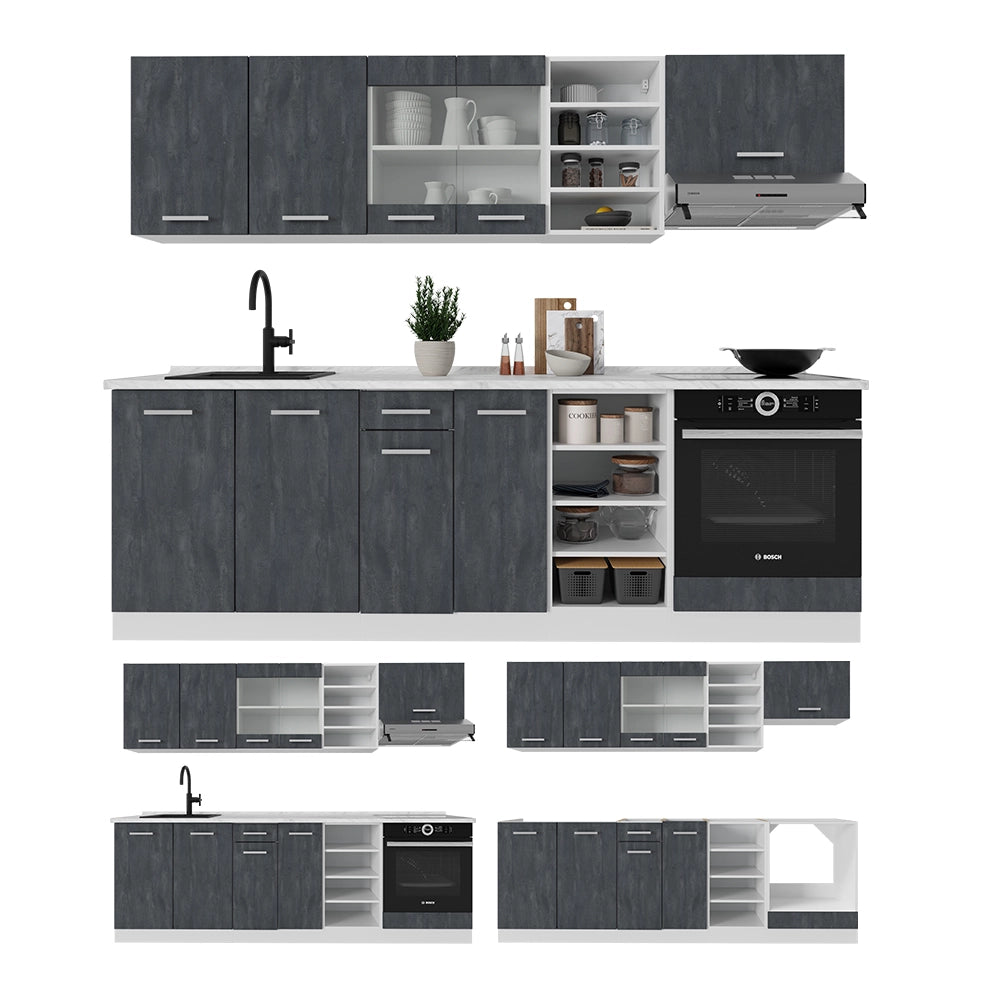 Vicco Cucina componibile Nero cemento/bianco 240 cm PL Marmo