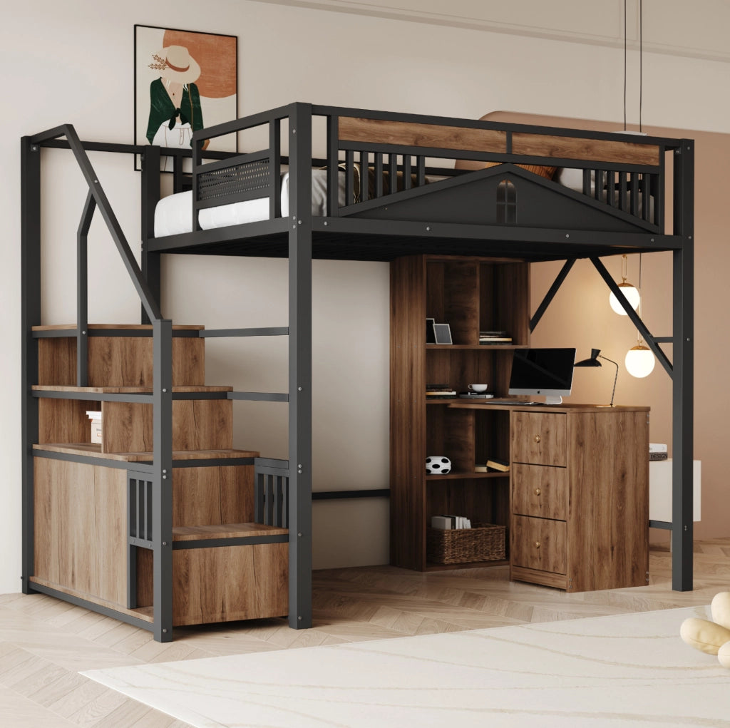 Letto a soppalco in metallo 140x200 cm con vano contenitore, scala laterale e design con finestra