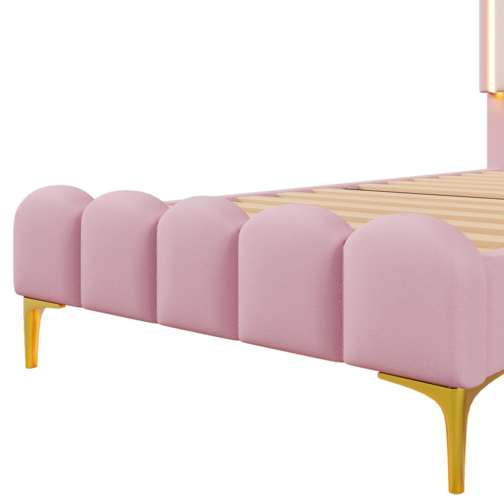 Letto imbottito 90x200 cm; luci LED regolabili; PU; rosa (Senza materasso)