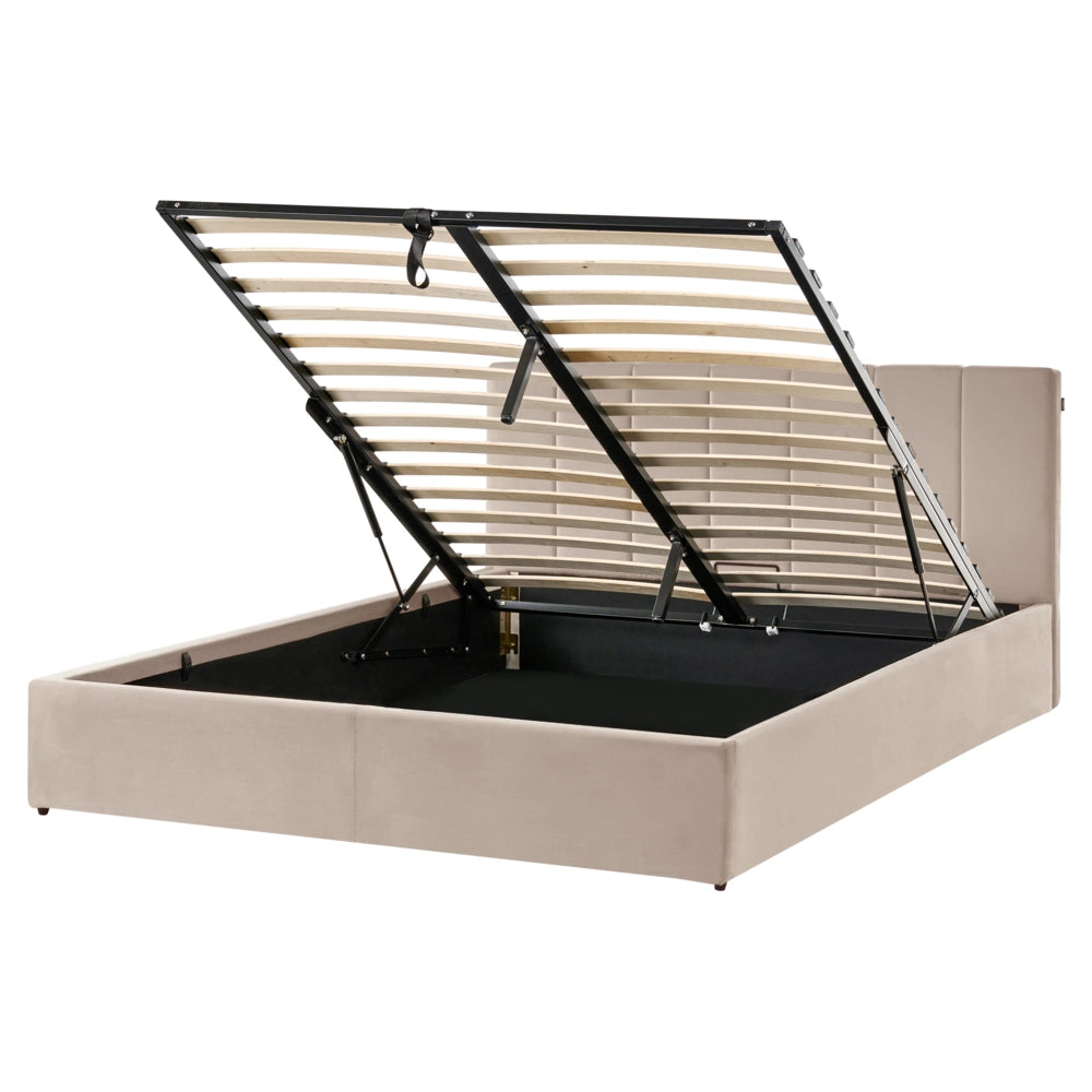 Letto matrimoniale contenitore Rivestimento in velluto beige 160 x 200 cm con testiera a doghe