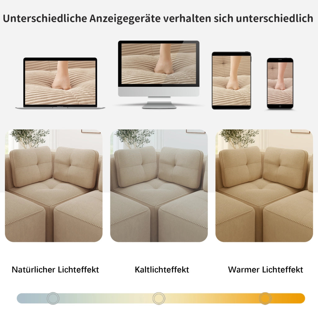Divano angolare modulare in velluto a coste con seduta profonda 74 cm; beige