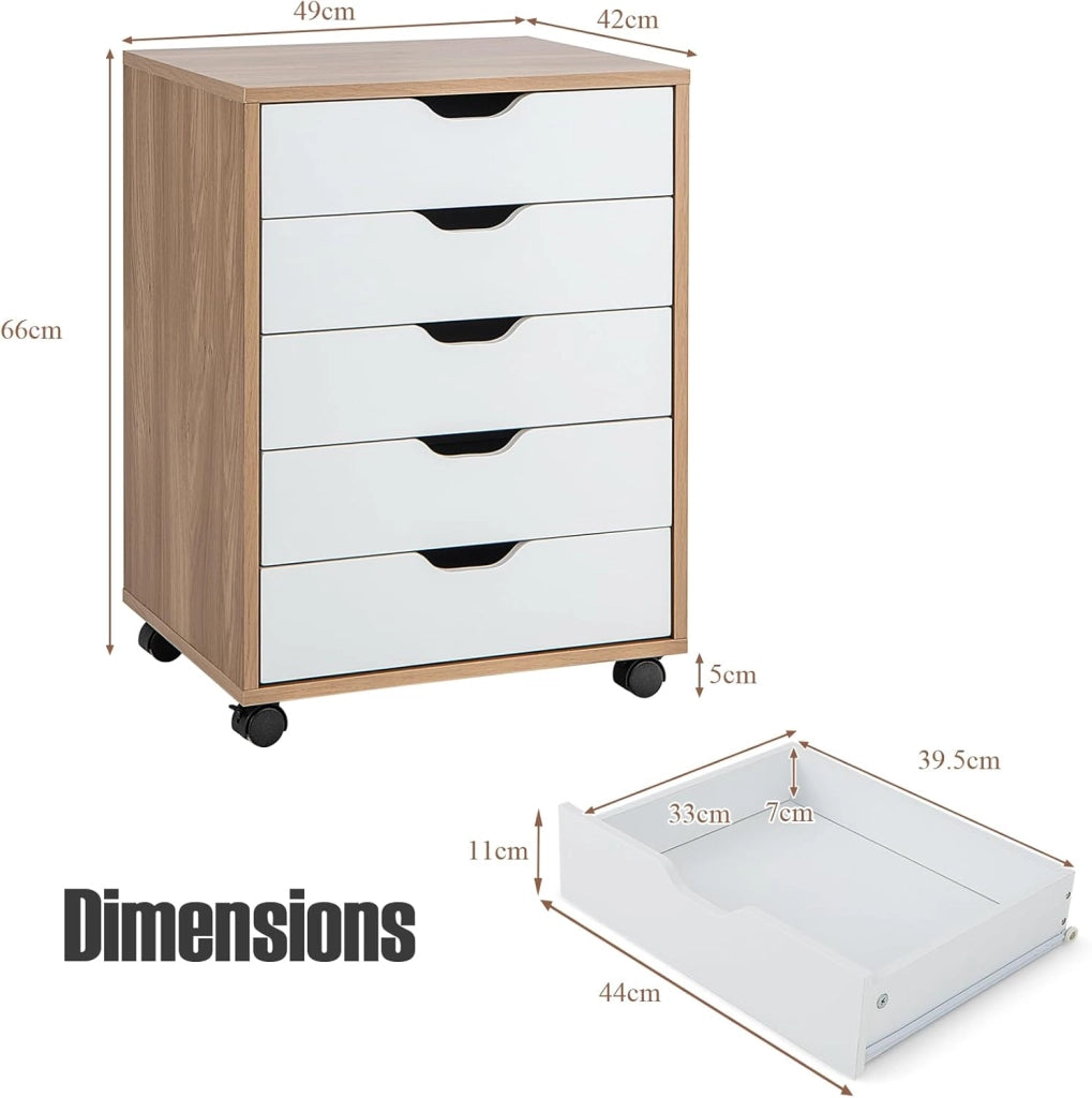 Cassettiera Ufficio con 5 Cassetti, Cassettiera Scrivania con Ruote Universali, Schedario Portadocumenti in Legno per Soggiorno, Camera da Letto, Studio, 49 x 42 x 66 cm (Naturale)