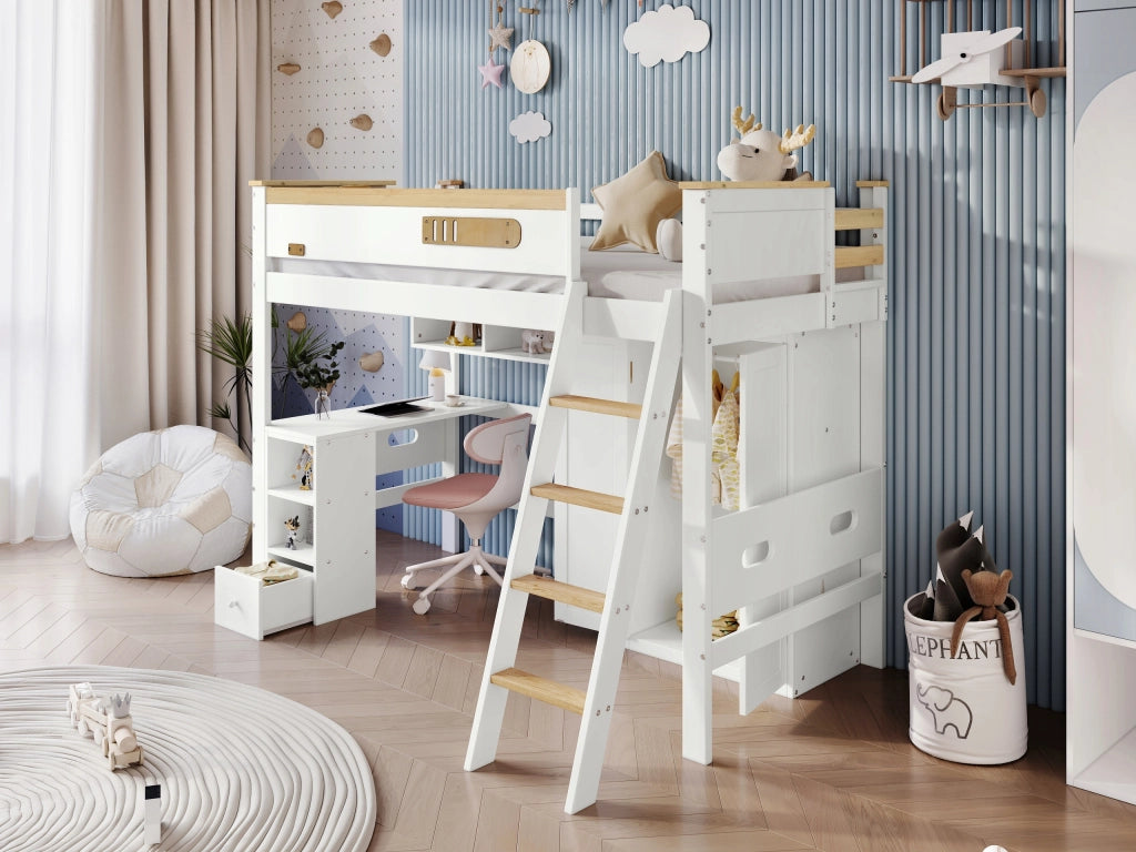 Letto a castello con scrivania - Xylo - 90x200cm - Pino+MDF - Bianco+Naturale