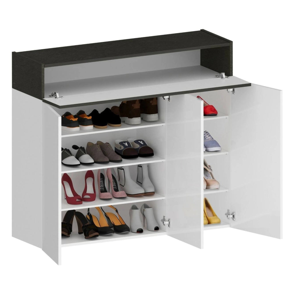 Scarpiera Griselda, Porta scarpe salvaspazio a 4 ante, Armadio multifunzione da ingresso, 114x38h100 cm, Bianco e Ardesia