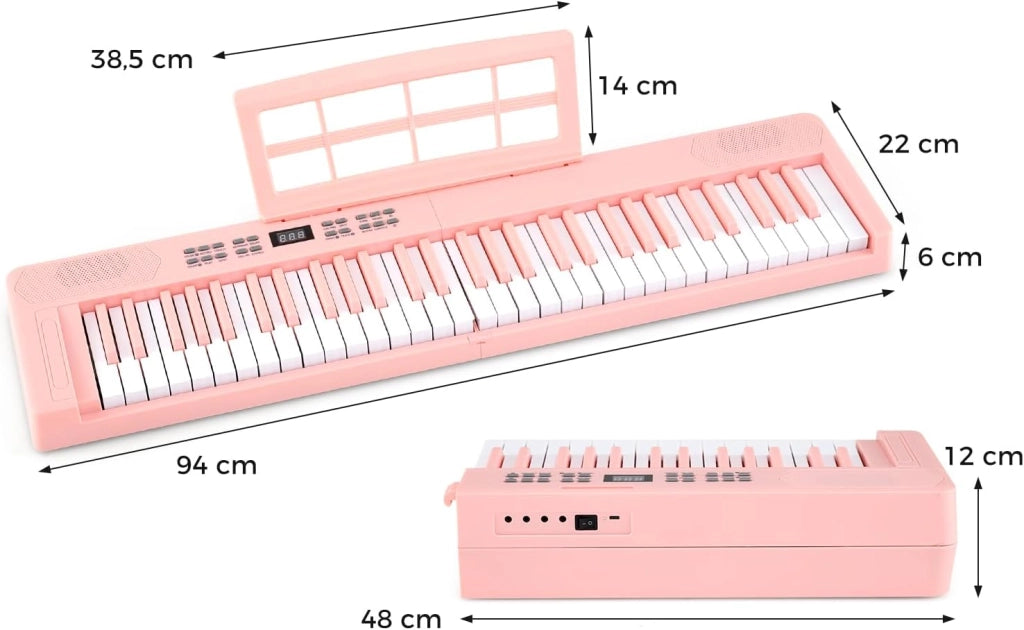 Pianoforte digitale pieghevole a 61 tasti, tastiera con auricolari, pedale, leggio, pianoforte digitale con 128 suoni e ritmi, tastiera per pianoforte con tasca (rosa)