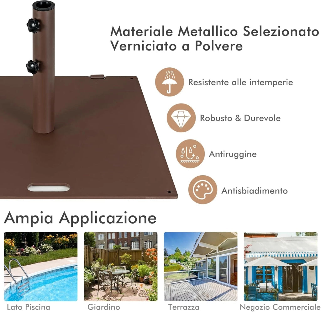 Base per Ombrellone 22,5 kg, Quadrato 60 cm, Adattatori 4/5 cm, 2 Ruote 2 Manopole Impugnatura Esterna, per Terrazza Piscina Spiaggia (Marrone)