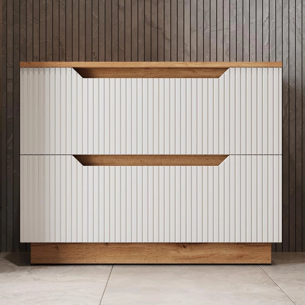 Mobile sottolavabo per bagno Lotta, Rovere/bianco a strisce, 79.6 x 62.5 cm con 2 cassetti