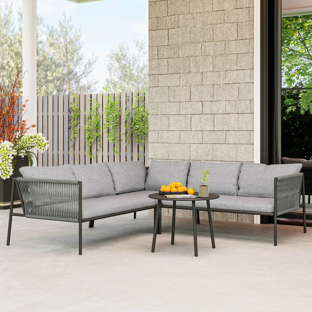 Salotto da Giardino con Divano Angolare Modulabile e Tavolino da Caffè in Rattan Grigio