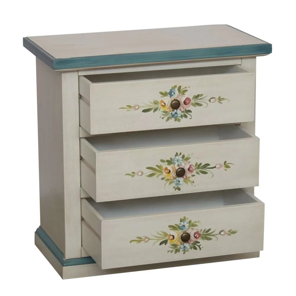 Comodino 3 cassetti legno shabby bianco anticato decori filo azzurro 60x35x64 - Mobili 2G