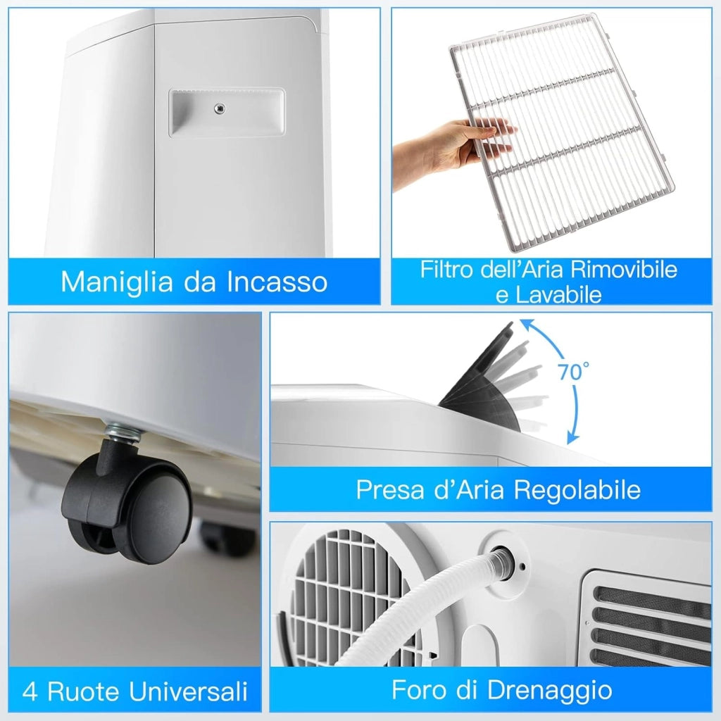 Condizionatore Portatile Caldo e Freddo, 16000BTU/4,7 kW, 5 in 1 Con Raffreddamento, Ventola, Riscaldamento, Deumidificazione e Modalità Notturna, 24H Timer, R290 (16000BTU|35m²+)