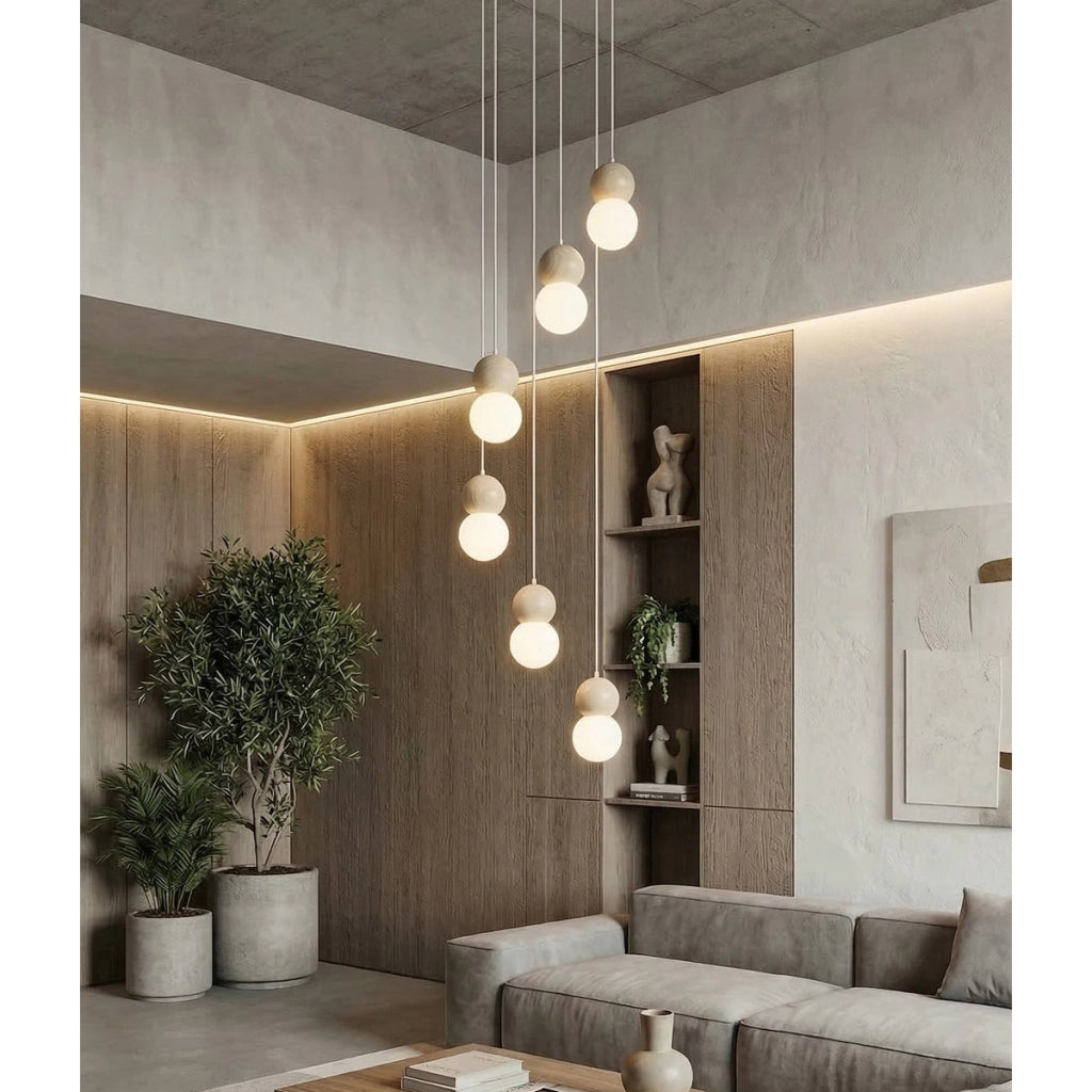 Lampada a sospensione LOOP in acciaio bianco e legno