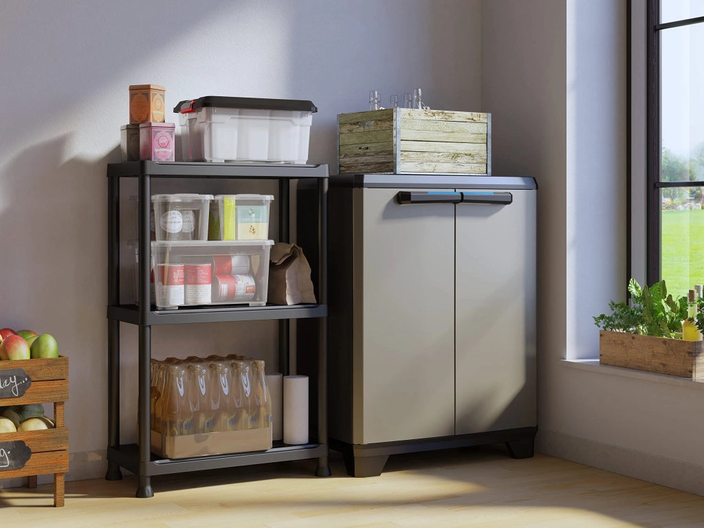 Armadio Basso in Resina per Esterno con 1 Ripiano Regolabile Colore Grigio e Nero Linear Keter