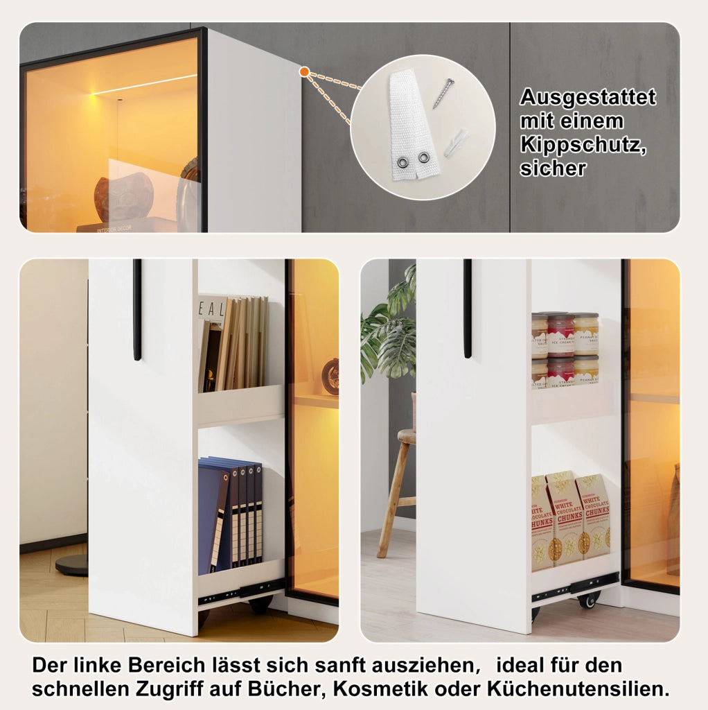 Vetrina multifunzione bianca con libreria estraibile e LED