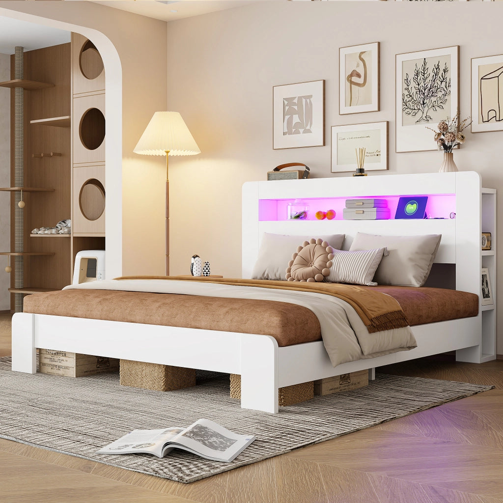 Letto con piattaforma 180x200 mm illuminazione a LED prese elettriche con vani portaoggetti legno bianco
