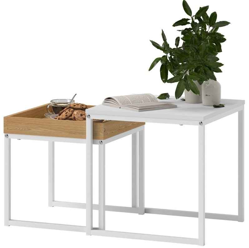 Set di tavolini da caffè 45x45x45 cm e 40x40x40 cm con vassoio rimovibile in acciaio bianco