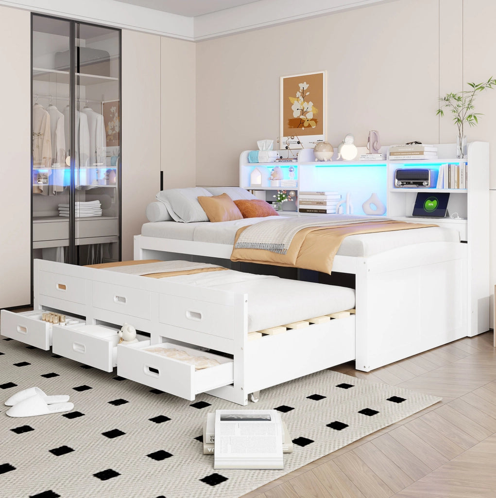 Letto daybed estraibile 90x200 cm con LED; 3 cassetti; USB e Type-C; bianco