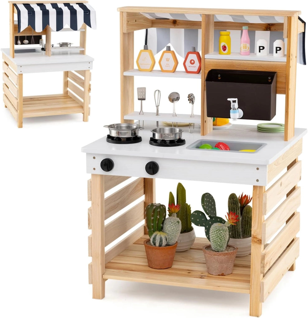Cucina Giochi in Legno a Doppia Faccia, Cucina Giocattolo con Fornelli, Lavandino, Vaschetta per l'Acqua, Rubinetto, Set di Cucina per Esterni con Tetto, per Bambini dai 3+ Anni