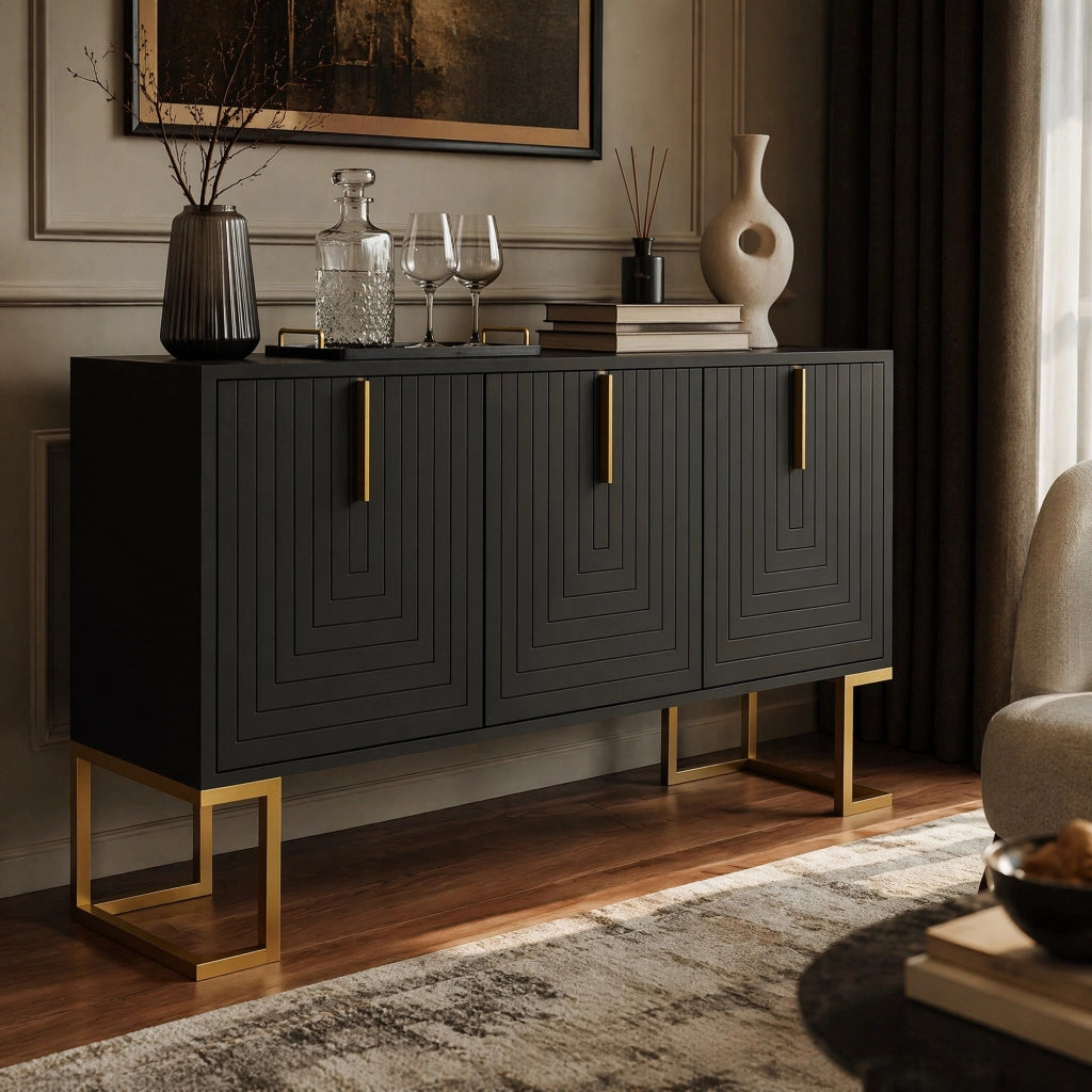 Credenza 3 ante con ripiani regolabili; struttura in MDF e base in metallo; nera