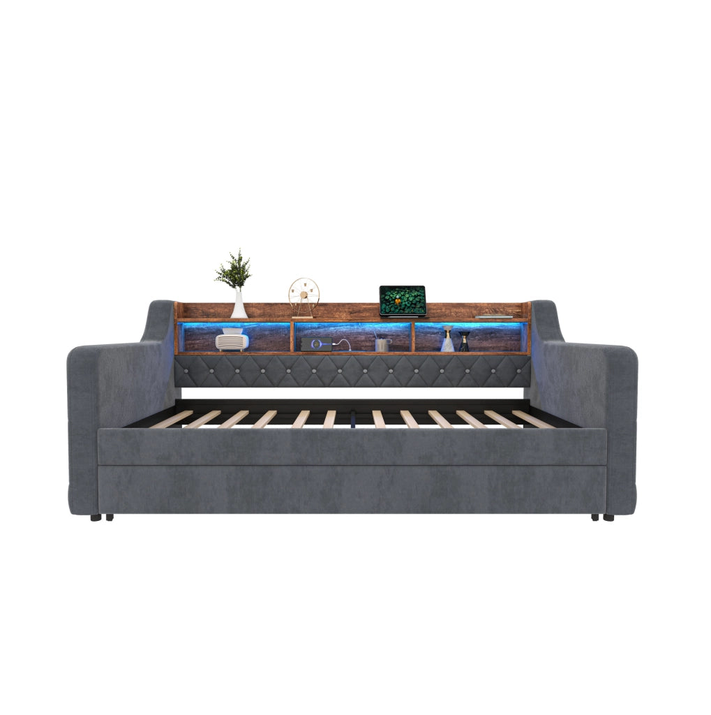 Divano letto estraibile 90x190 cm in velluto grigio scuro con luce regolabile e vano contenitore