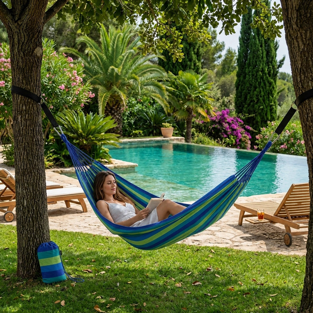 Amaca Per Campeggio E Giardino Con Borsa Portaoggetti Cinghie E Moschettoni Inclusi Design Anti Ribaltamento Cotone Robusto Portata 300 Kg 270 x 150 Cm Blu