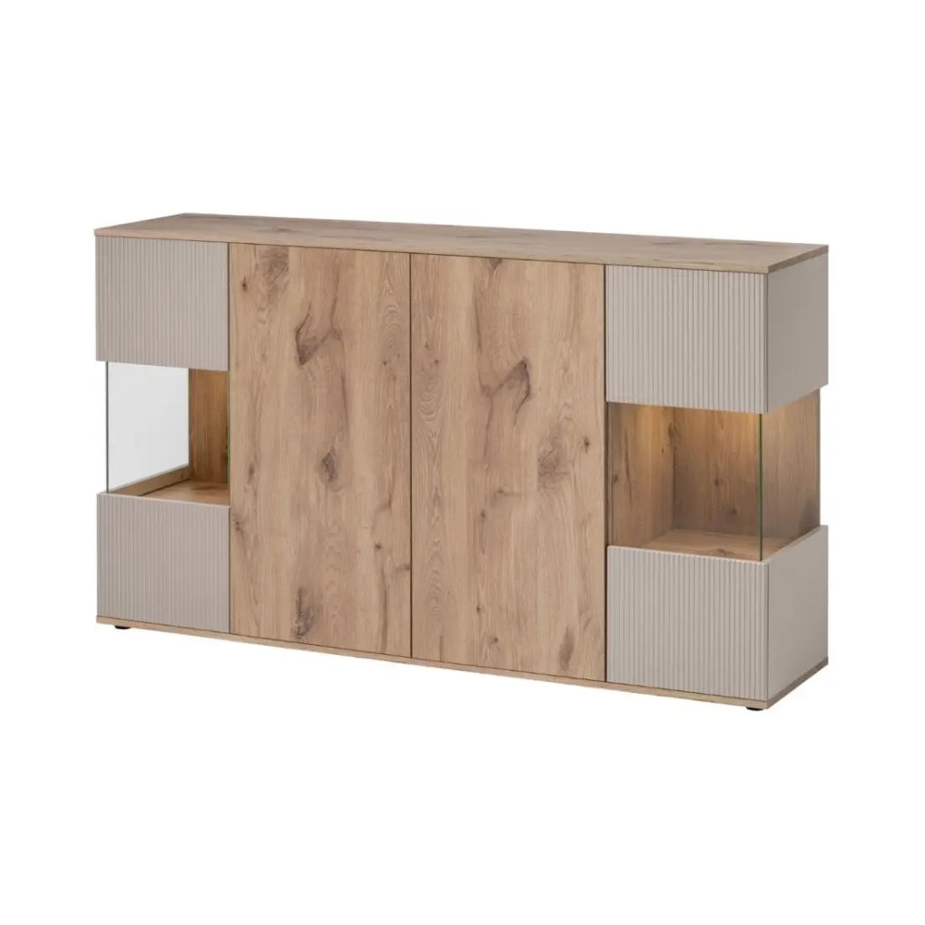 Set completo per il soggiorno ERINA – Credenza bassa, Credenza alta, Vetrina, Mobile TV, Mensola da muro – Rovere chiaro e beige