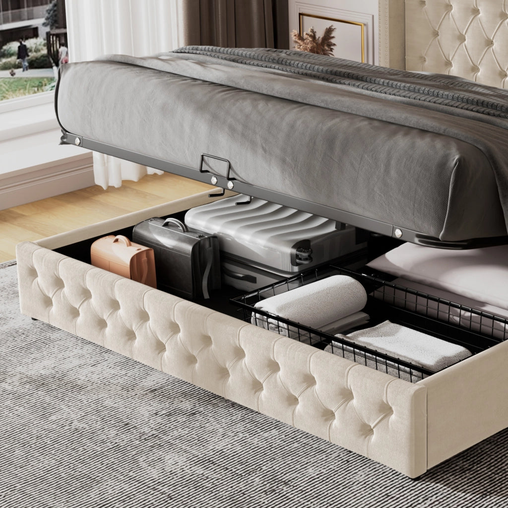 Letto Contenitore Letto Matrimoniale 160x200 cm; con Contenitore; in Velluto; Beige