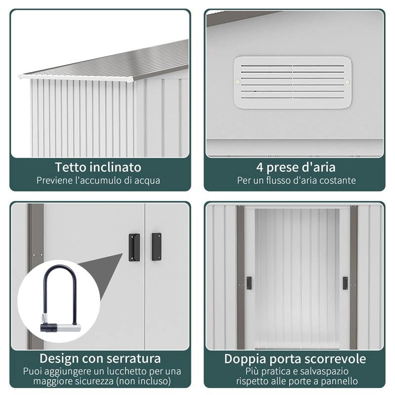 CASETTA DA GIARDINO CON DOPPIE PORTE SCORREVOLI, IN ACCIAIO E PP, 277X195X192CM, ARGENTO