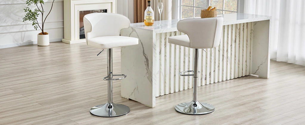 Sgabello da bar girevole con altezza regolabile, schienale ergonomico e poggiapiedi, in pu bianco