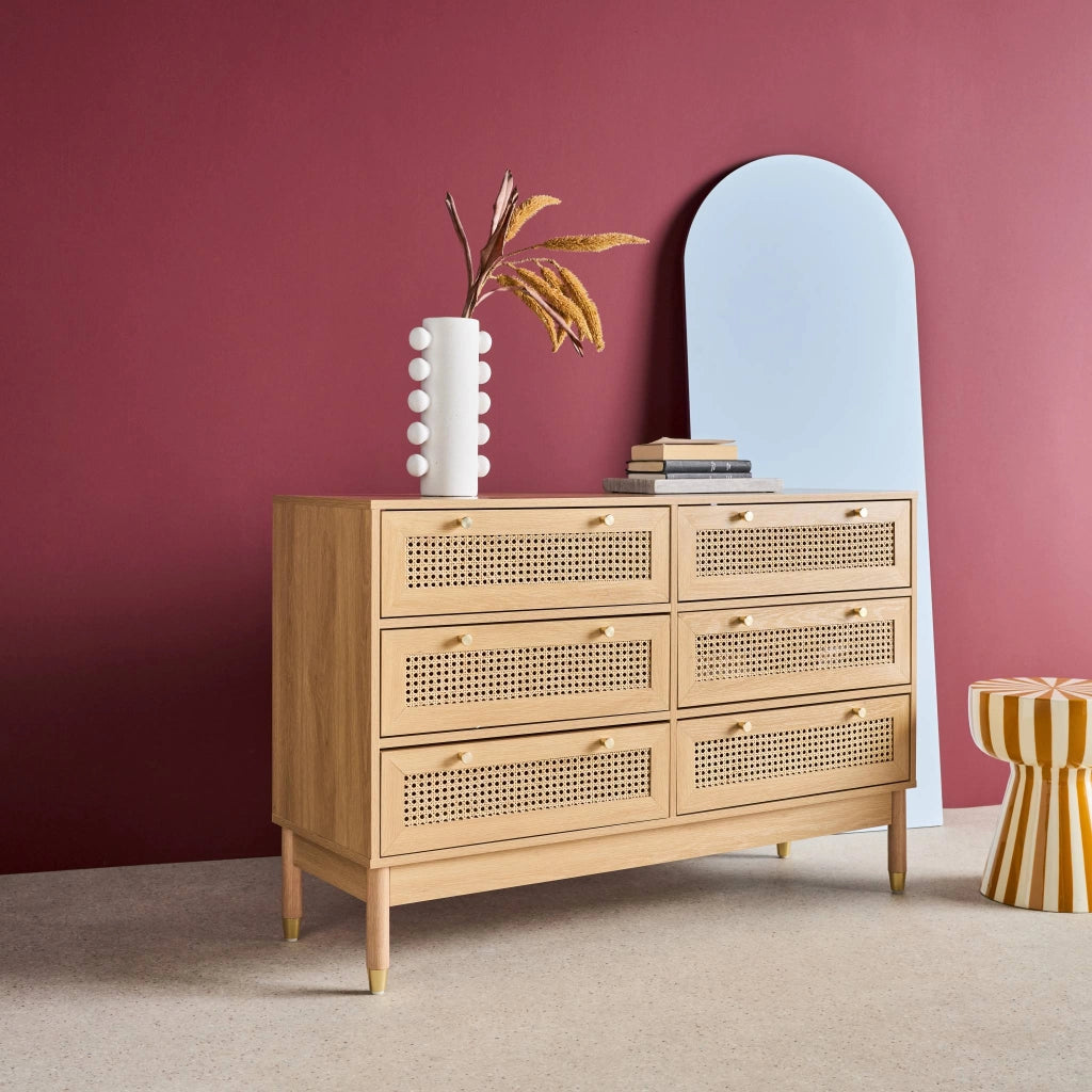 Cassettiera decorativa legno e rattan 6 cassetti, marrone naturale