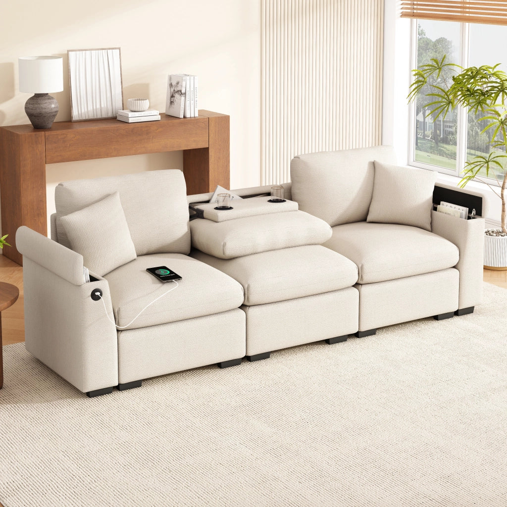 Divano modulare a 3 posti in ciniglia beige con porta USB, porta bicchieri, tasche laterali e spazio contenitore