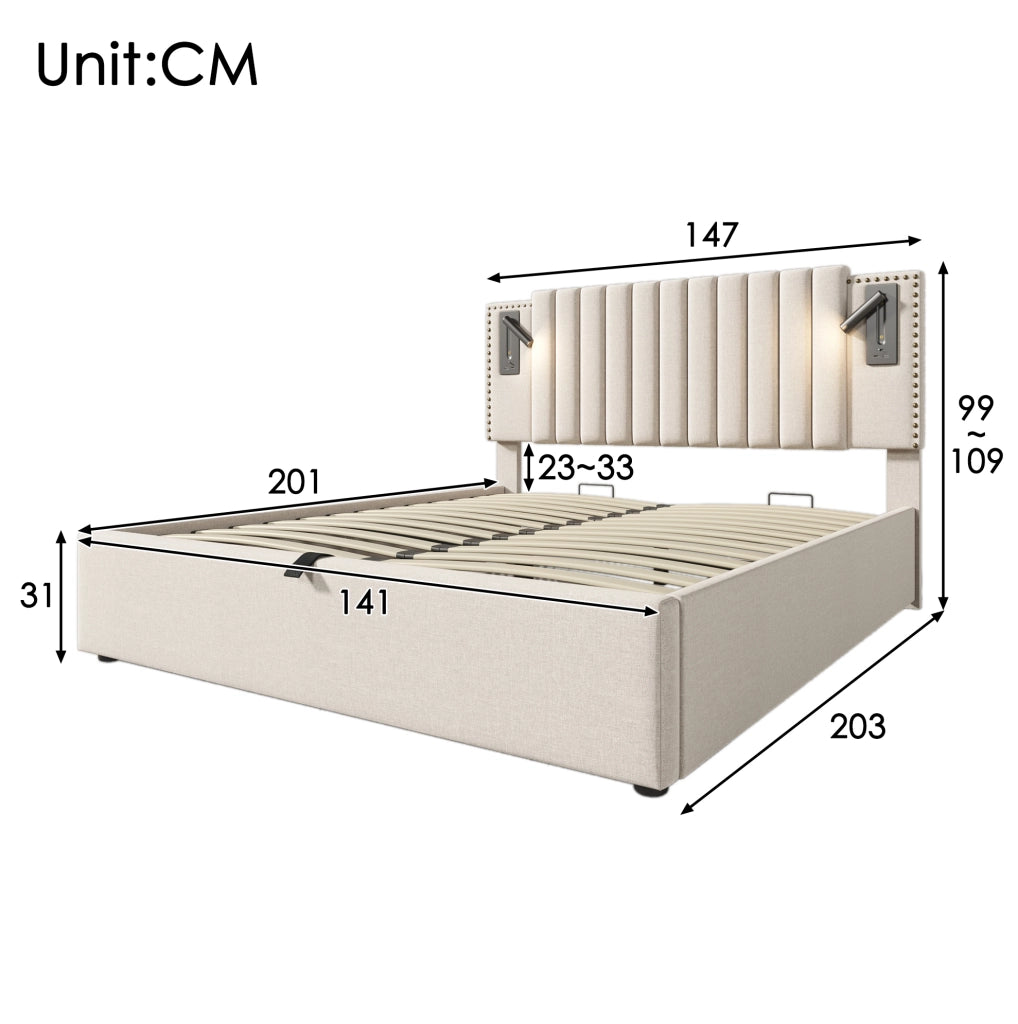 Letto matrimoniale imbottito 140x200 cm beige con contenitore; luce da lettura e porte USB-C