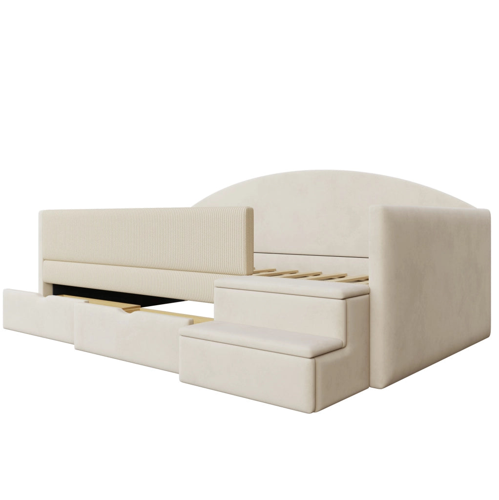 Letto imbottito 90x190 cm con 2 cassetti, sponde e gradini antiscivolo