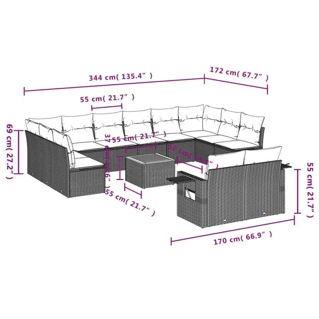 Set Divani da Giardino 13 pz con Cuscini Grigio in Polyrattan 3224800