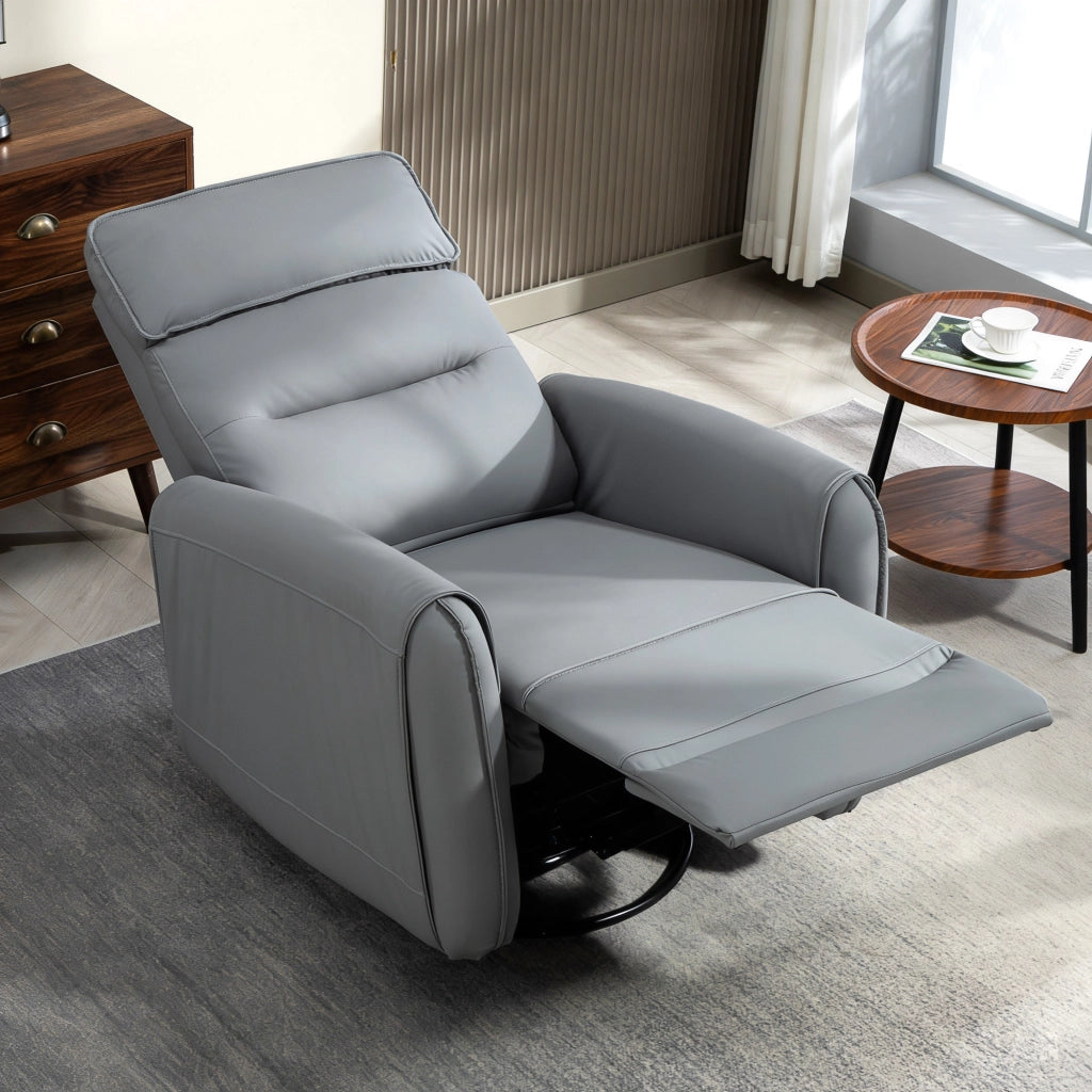 Poltrona Relax Reclinabile Manualmente con Poggiapiedi in Tessuto Effetto Pelle e Base Girevole, Grigio