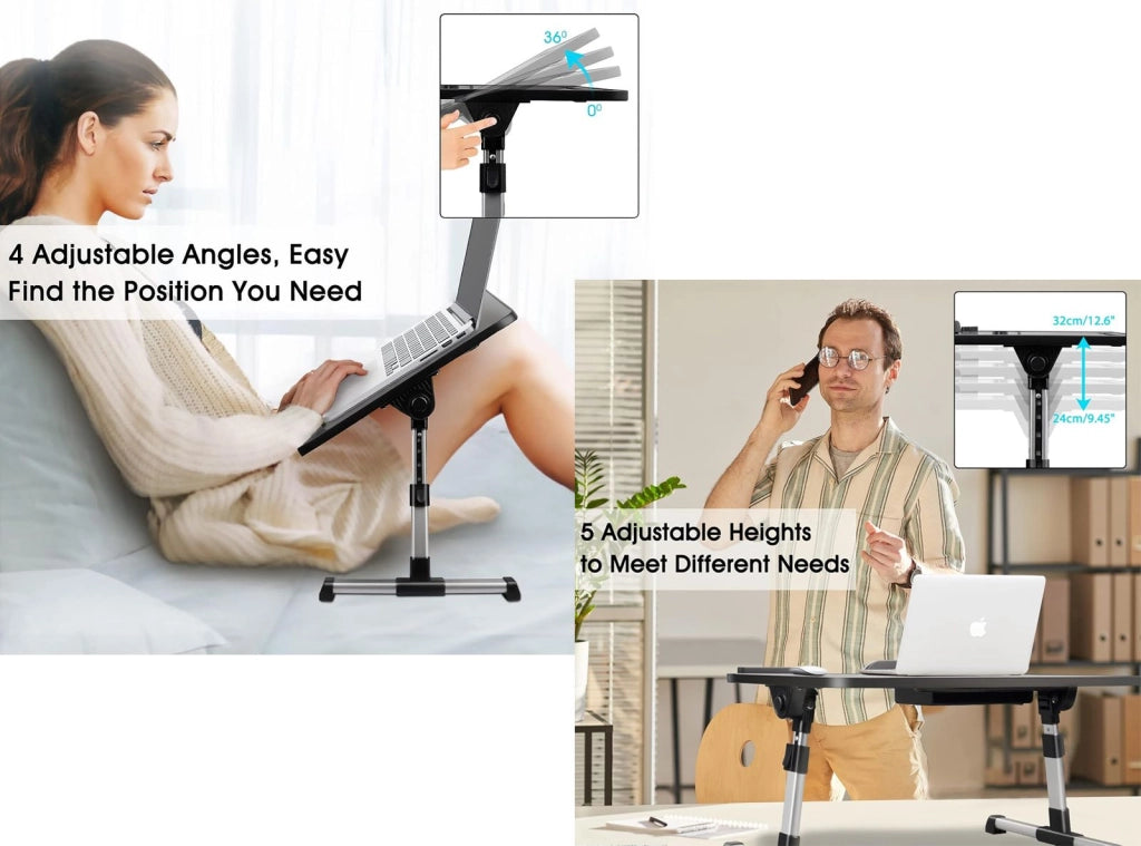 Tavolino per PC Regolabile in Altezza Pieghevole con Ventola PC Cassettiera Tavolo per Letto Divano Pavimento 53x30cm