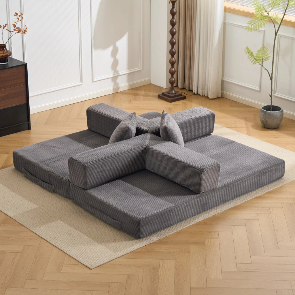 Divano letto pieghevole a pavimento con braccioli e schienale in velluto a coste grigio scuro 185 × 92,5 × 60 cm