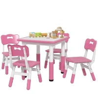 Set Tavolo e Sedie per Bambini 5pz con 4 Sedie Regolabili 32x36x52.5-56 cm e Tavolo 60x60x46-58 cm, Rosa