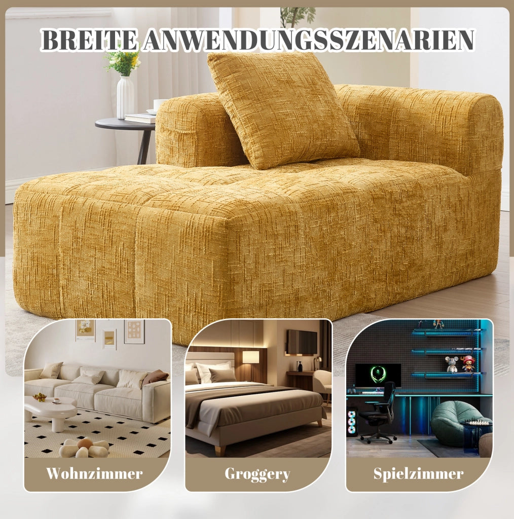 Divano chaise longue giallo in ciniglia con tasche laterali