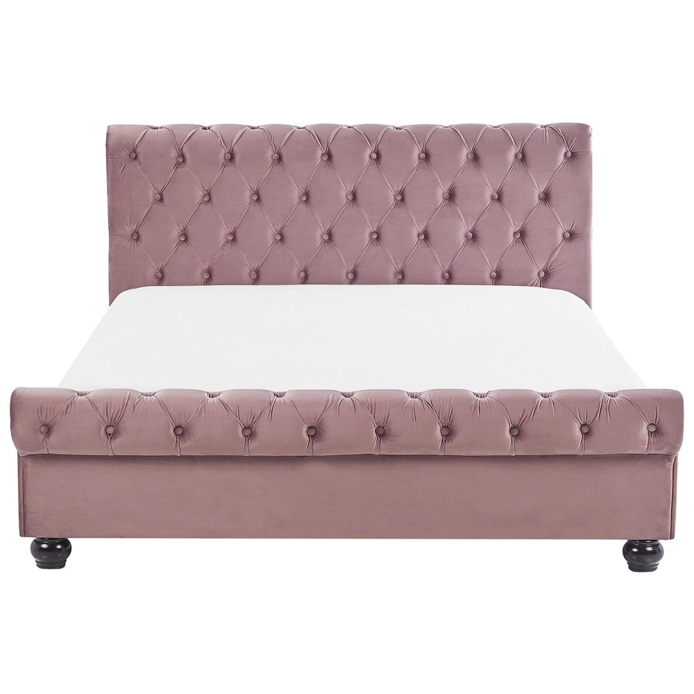 Letto Rivestimento in velluto rosa Gambe in legno Nero 160 x 200 cm bottoni Glam