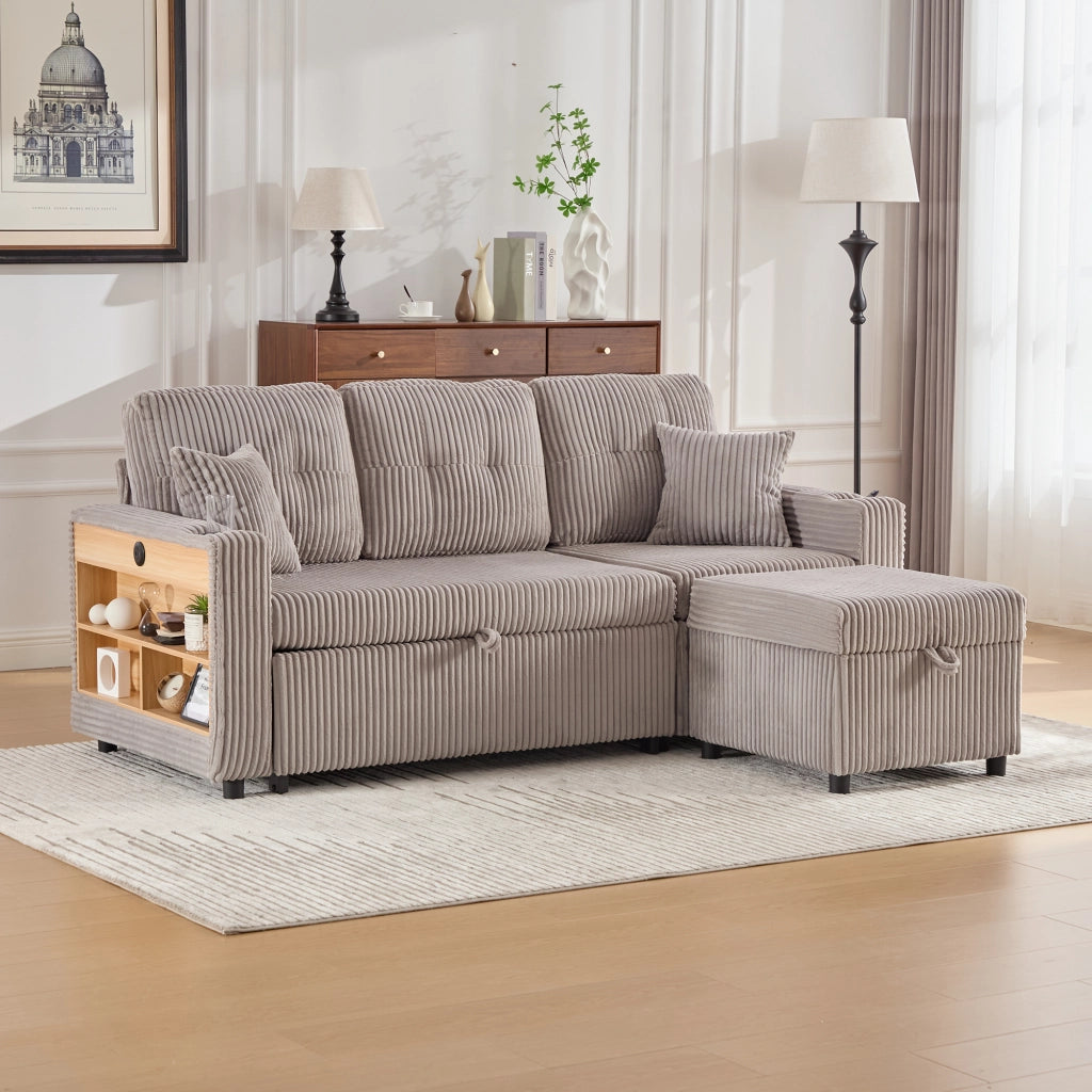 Divano Letto Contenitore in Tessuto a Coste con LED e USB ¨C MINIMAL ¨C Grigio