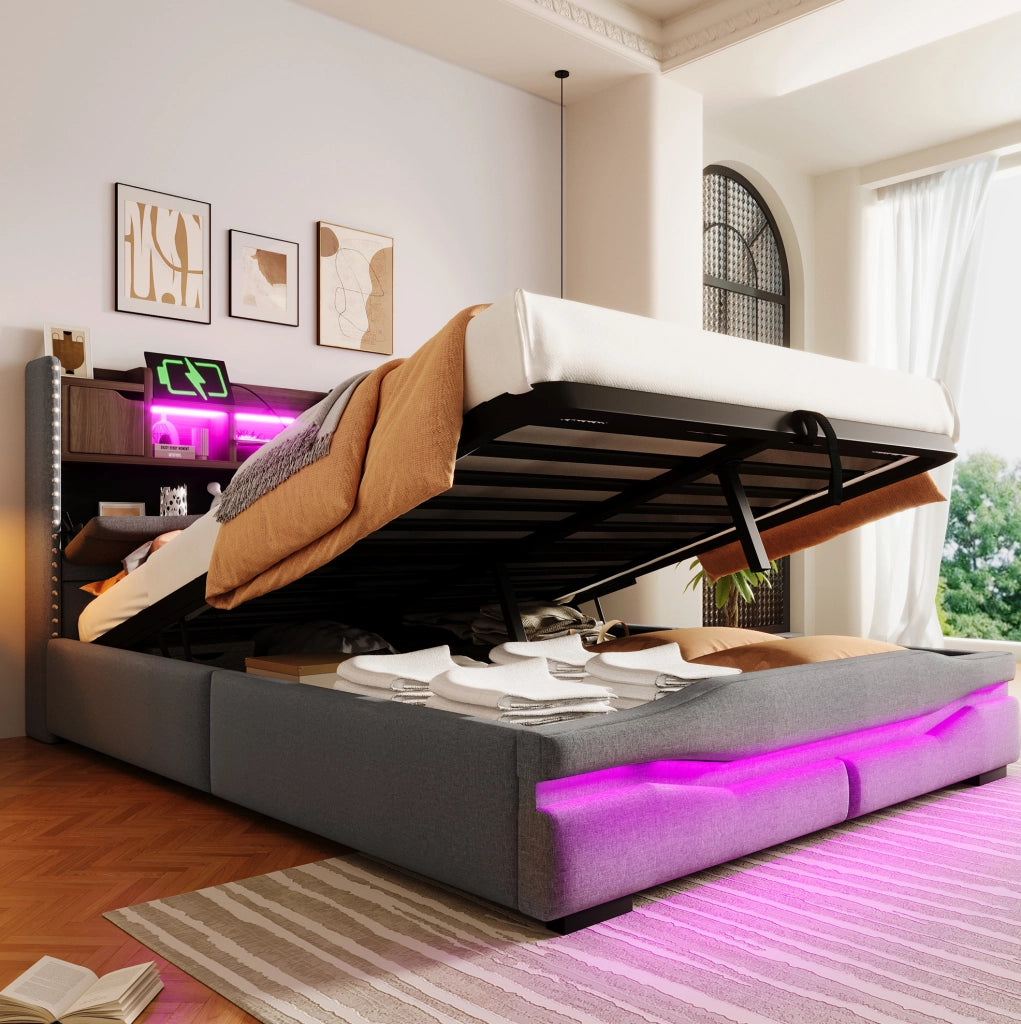 Letto imbottito 140x200 cm con LED, USB-C e vano contenitore