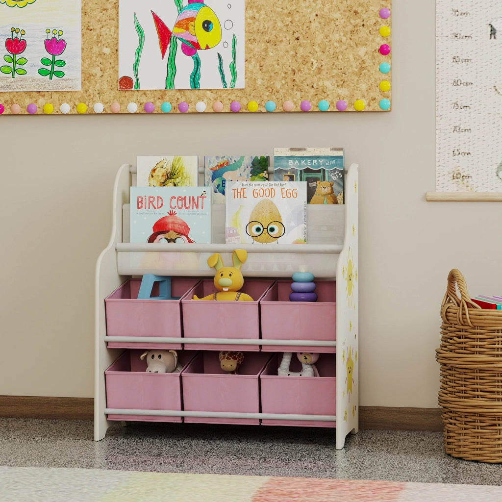 Scaffale Portagiochi per Bambini 63x30x71 cm con 6 Cassetti in Tessuto e Libreria a 2 Livelli in Legno e Acciaio Rosa