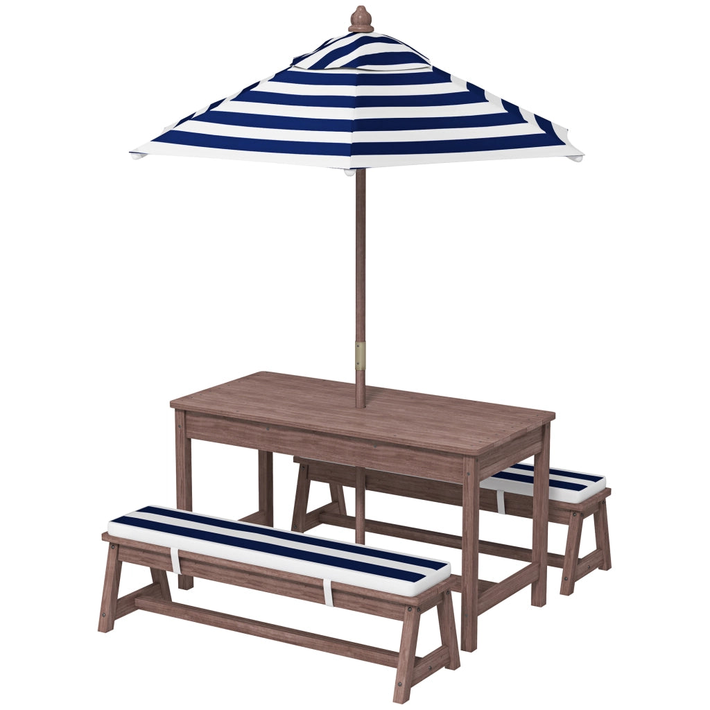 Set Tavolo e Panche da Giardino per Bambini in Legno di Abete con Ombrellone 120 cm e Cuscini a Righe Bianco e Blu Navy Robusto