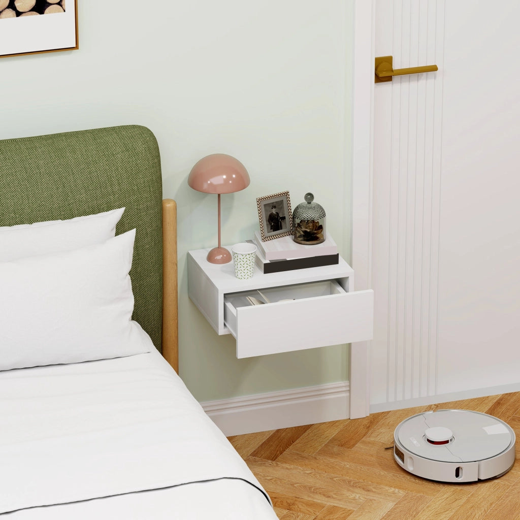 Comodino Sospeso Moderno 40x30x15 cm con Cassetto in Legno Bianco