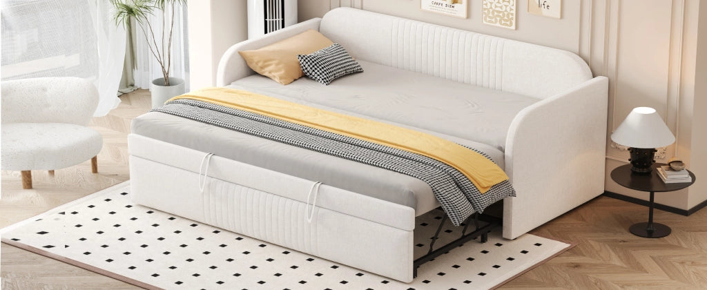 Letto sofa estraibile in lino beige 90x190 cm
