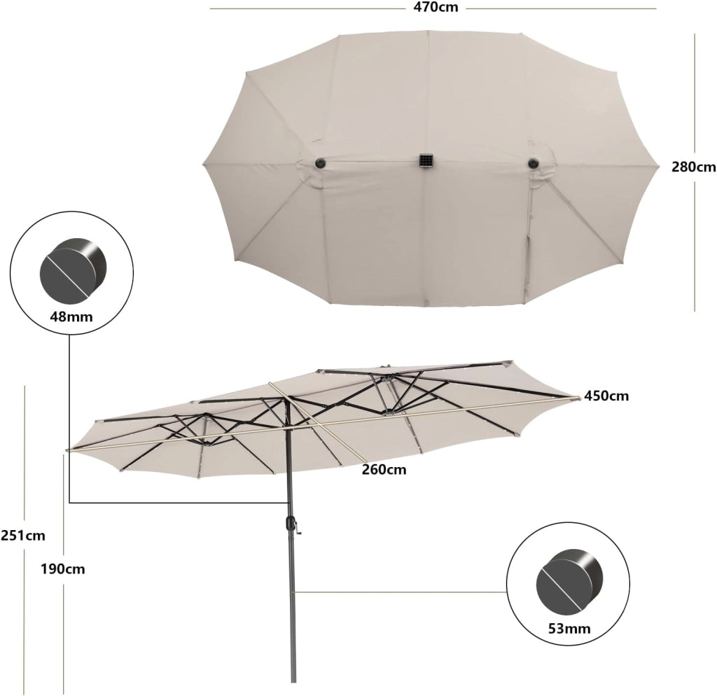 Ombrellone Doppio da Giardino 450 x 260 cm, con 48 Luci LED e 12 Stecche, Ombrellone Rettangolare con Manovella, per Giardino Piscina Cortile (Beige)