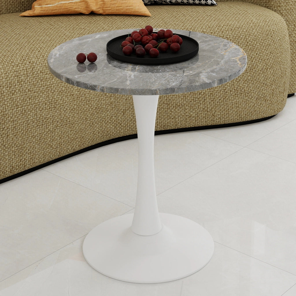 Tavolino rotondo in marmo artificiale bianco antico e grigio