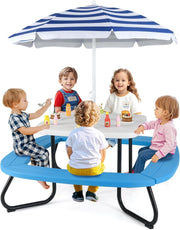Tavolo da Picnic per Bambini con 8 Posti 125 × 125 × 100-160 cm, Tavolino Bambini in HDPE con Ombrellone Regolabile e Pieghevole, Struttura in Metallo e 4 Panchine (tavolo bianco)