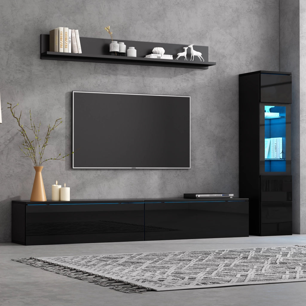 Cassettiera TV nera in truciolato lucido lunghezza 180 cm